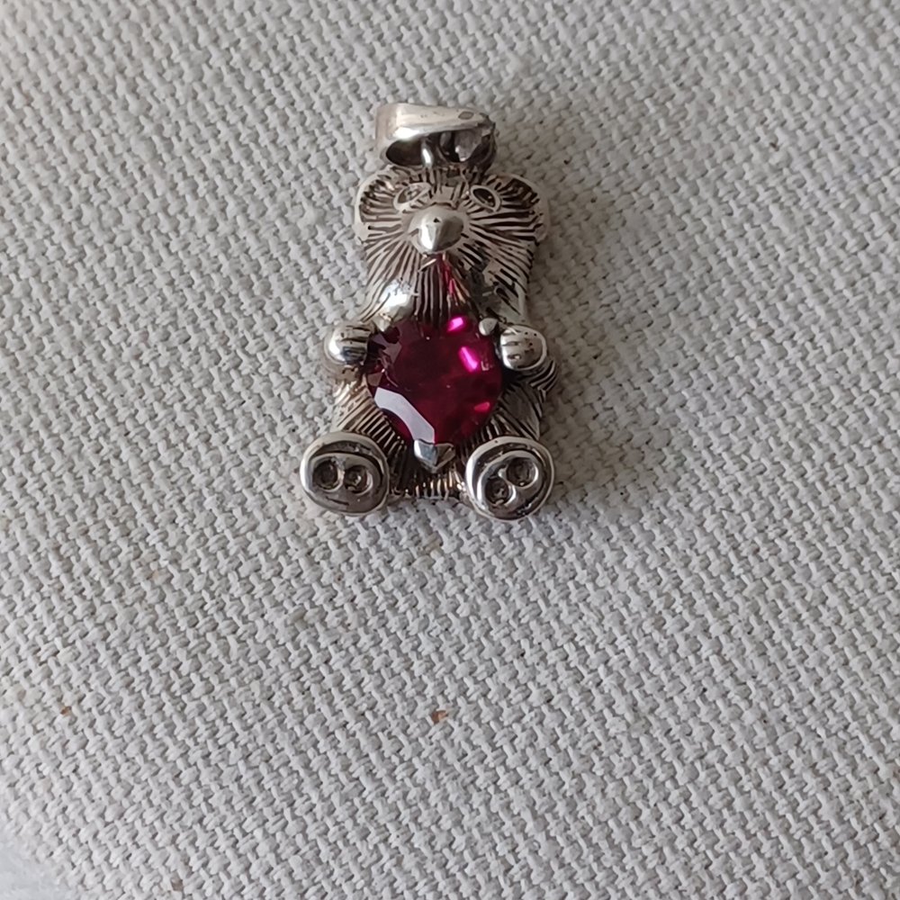 Sterling Silver Teddy Bear Pendant with Garnet